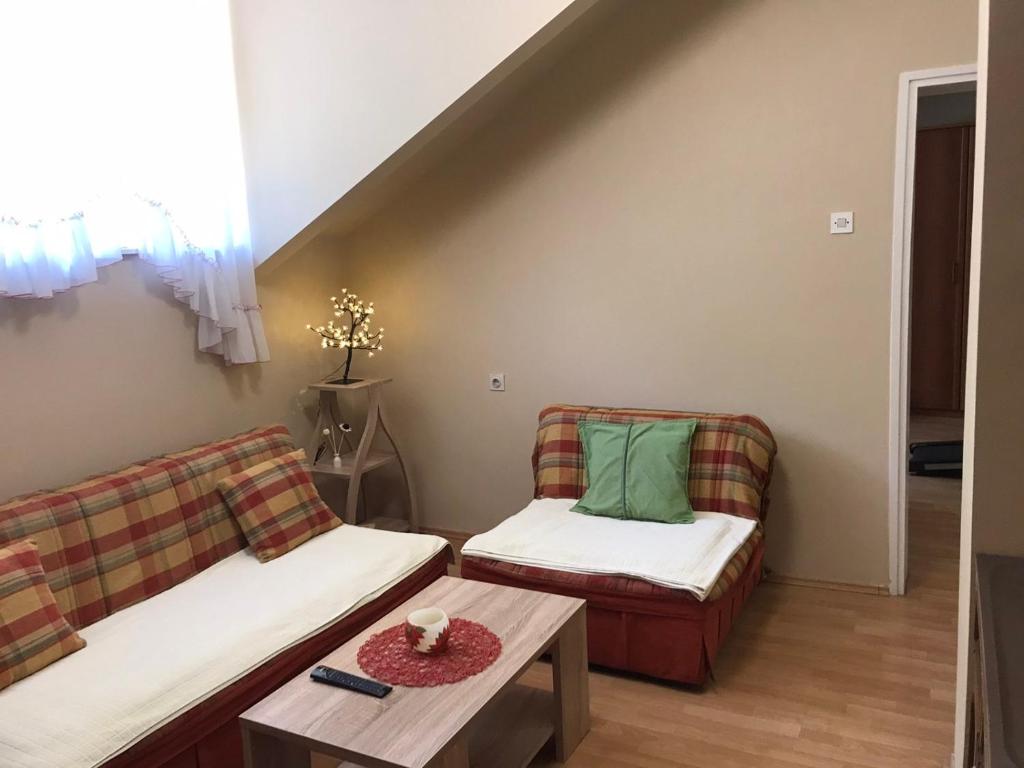 uma sala de estar com dois sofás e uma mesa em Apartman Spasic em Ribarska Banja