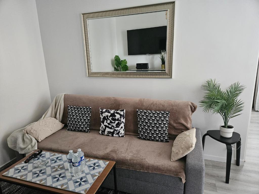 - un salon avec un canapé brun et un miroir dans l'établissement studio Stade de France 17 pour 4 personnes, à Saint-Denis