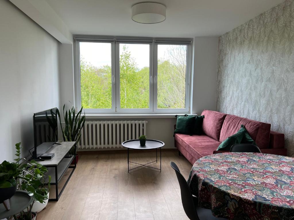 uma sala de estar com um sofá rosa e uma mesa em Apartament Skośna 10 em Bielsko-Biala