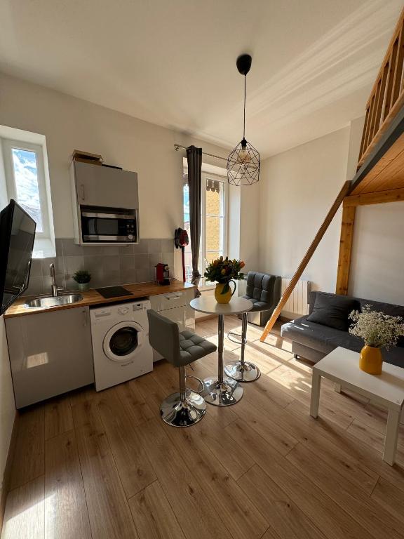 une cuisine et un salon avec une table et un évier dans l'établissement Studio Tassin centre, à Tassin-la-Demi-Lune