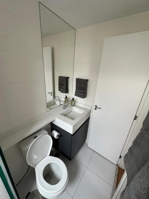 La salle de bains est pourvue de toilettes, d'un lavabo et d'un miroir. dans l'établissement Por do sol desde uma rede na varanda da zona sul, à São Paulo