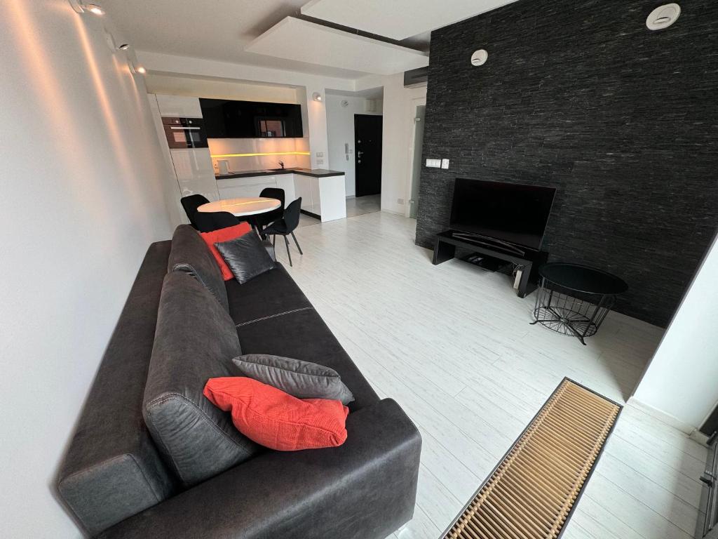 ein Wohnzimmer mit einem Sofa und einem TV in der Unterkunft Black&White Angel Apartment in Krakau