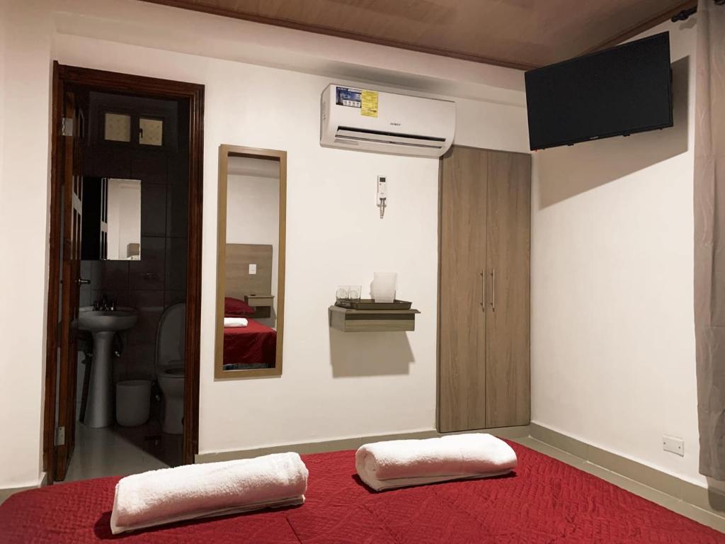 Zimmer mit einem Bett mit zwei Kissen darauf in der Unterkunft Hotel Internacional de Colón in Colón