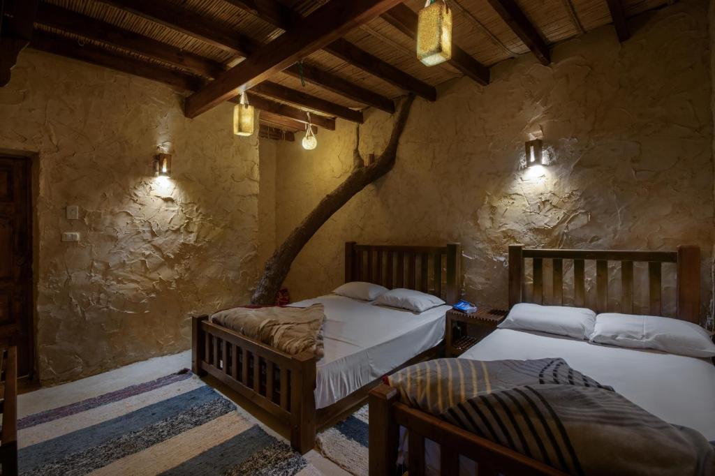 two beds in a room with a tree on the wall at Olive Garden House Siwa in Siwa