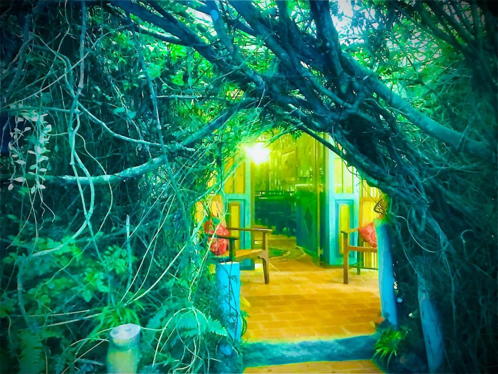 une arche avec une table et des chaises sous un arbre dans l'établissement Serendipity Lake Artistic Bungalow by Heidis Home, à Nuwara Eliya