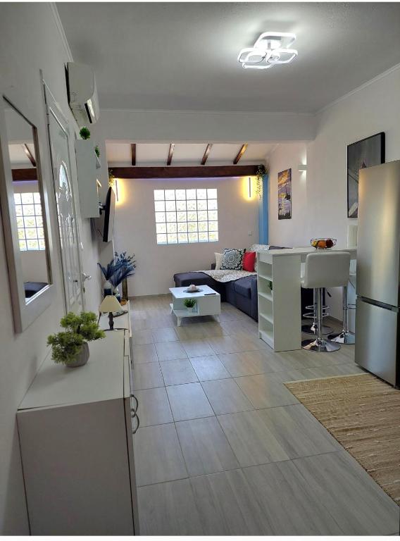 a kitchen and living room with a couch and a table at Thanos Guesthouse Corfu in Áyioi Dhéka