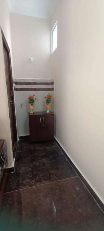 a hallway with two potted plants on a cabinet at Ruqaiyah Manzil in Hyderabad