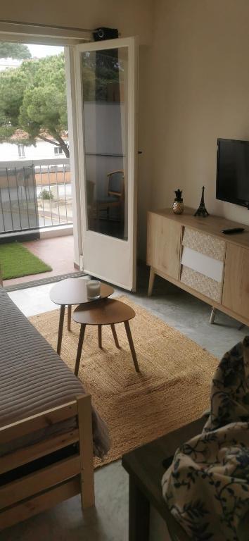 un salon avec une table et une télévision dans l'établissement Petit studio entièrement rénové, au Cannet