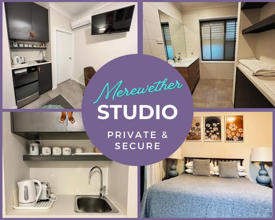 a collage of photos of a kitchen and a room at Cosy Merewether Studio - sleeps one in Merewether