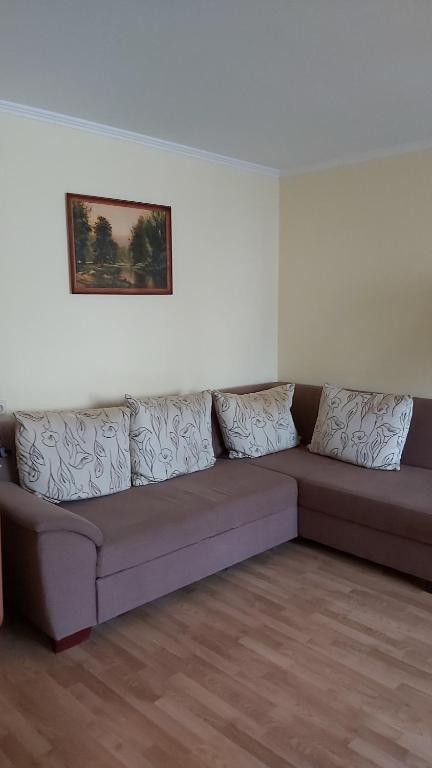 a couch in a living room with a painting on the wall at Квартира у реки in Rīga
