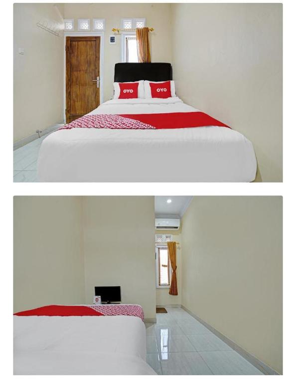 two pictures of a white bed in a room at wisma wayang ajen syariah in Cisalak