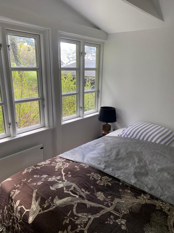 sypialnia z 3 oknami i łóżkiem z kocem w obiekcie Denmark's Most Charming Beach Cottage w mieście Kalundborg