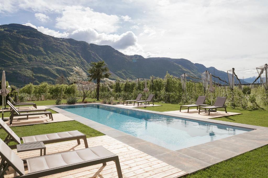 a swimming pool with lounge chairs and a mountain at Boutique Hotel Wiesenhof - Adults Only in Lana