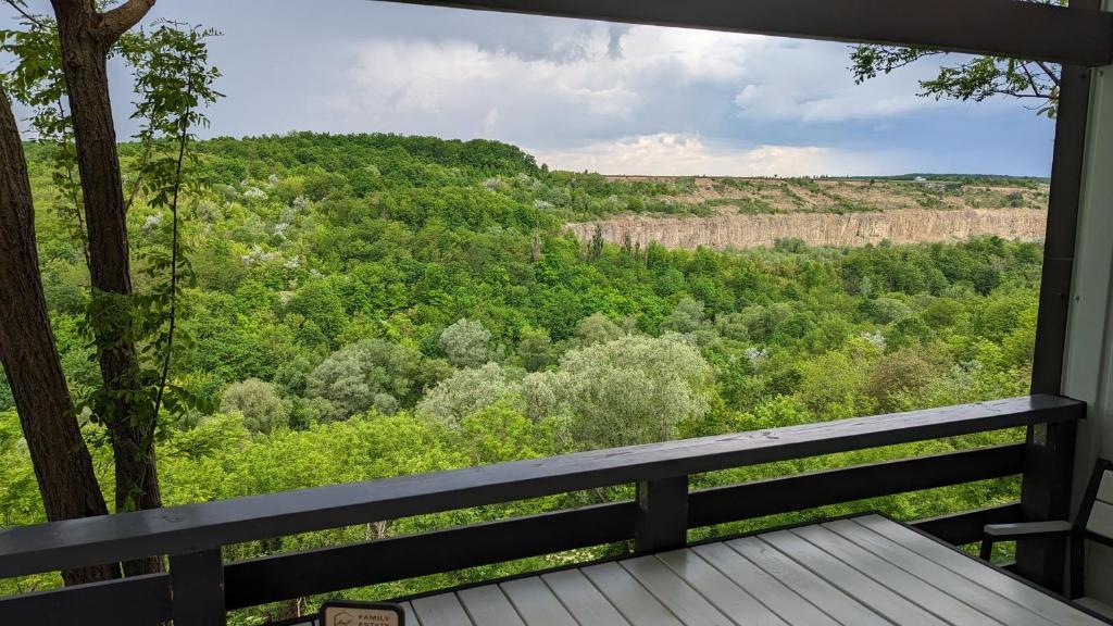 a porch with a bench and a view of a forest at Сottage "Family Estate" in Kamianets-Podilskyi