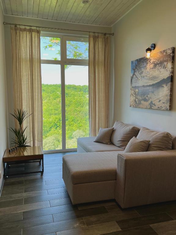 a living room with a couch and a large window at TwinHouse "Family Estate" in Kamianets-Podilskyi