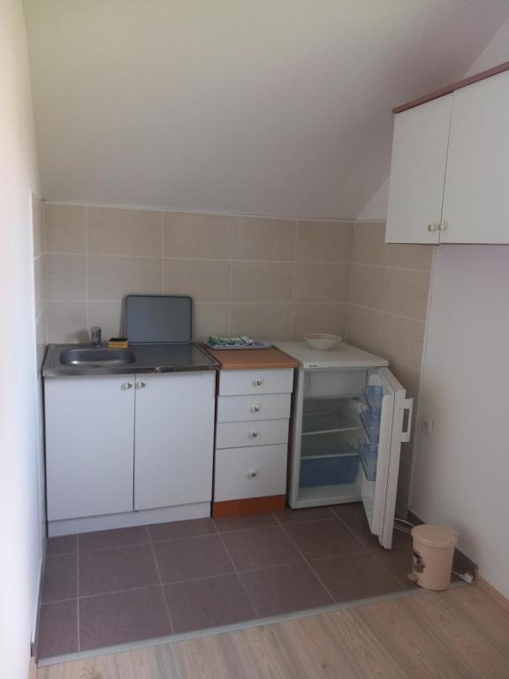 een kleine keuken met een wastafel en een koelkast bij Studio Vrujci 2 in Rakari
