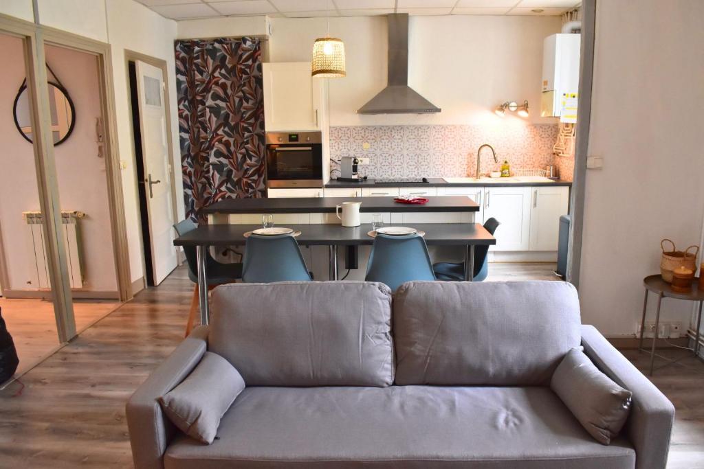 a living room with a couch and a kitchen at Appartement 3 pièces très lumineux in Saint-Vallier