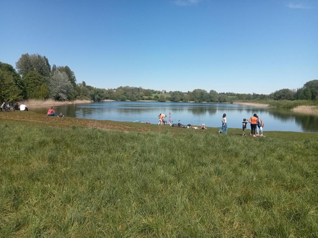 um grupo de pessoas na margem de um lago em Stadtgrün 2 em Berlim