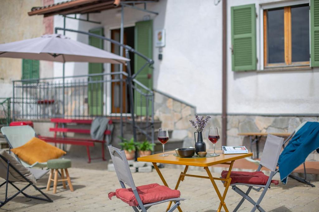 a table and chairs with wine glasses on a patio at Madamin locazioni turistiche in Sant' Agata fossili