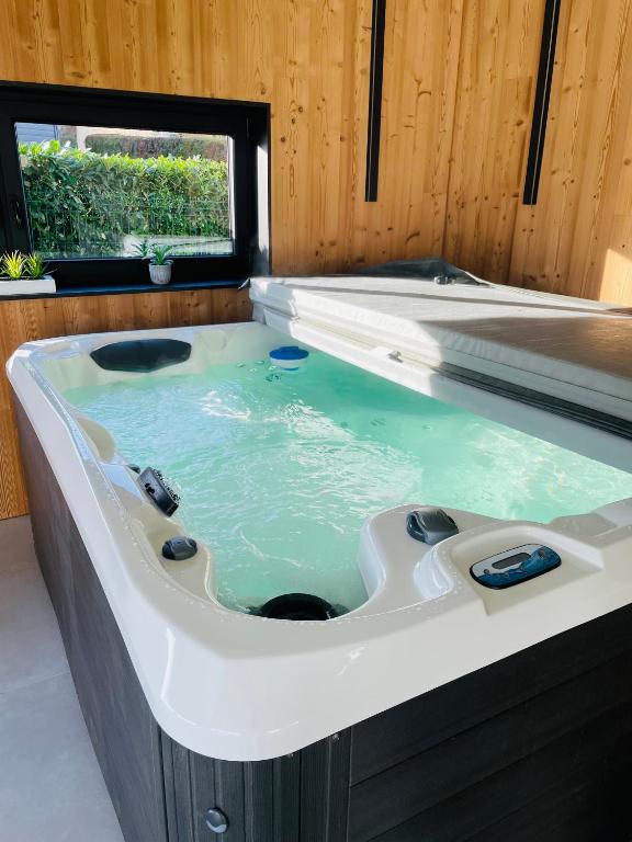 a jacuzzi tub in a room with a window at Maison Gite Chez Nounou sauna jacuzzi jardin arboré in Etting
