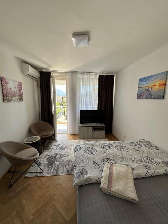 1 dormitorio con 1 cama grande y sala de estar en Alex Apartments, en Podgorica