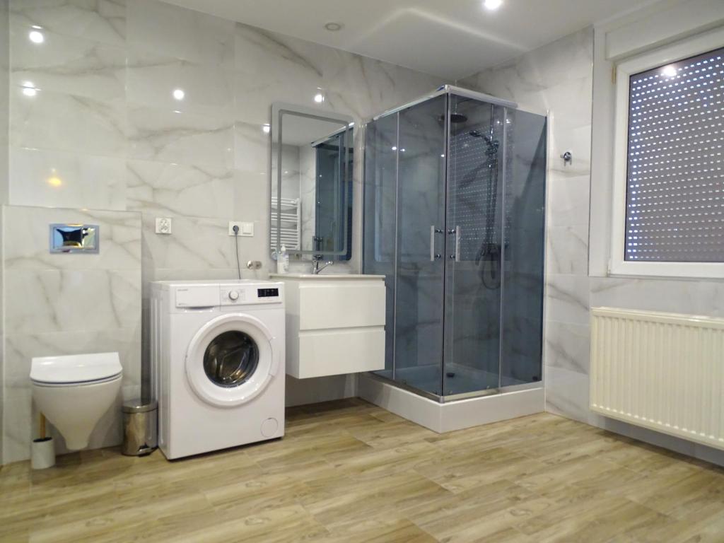 a bathroom with a washing machine and a shower at Zielona Mila in Sępólno Krajeńskie