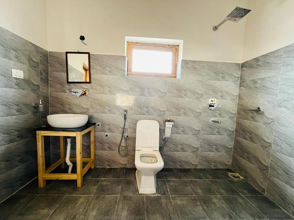 a bathroom with a toilet and a sink at HUNDER TAMARIX RESORT in Leh