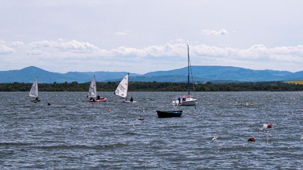 un grupo de veleros en un gran cuerpo de agua en Nyskie Ustronie, en Nysa