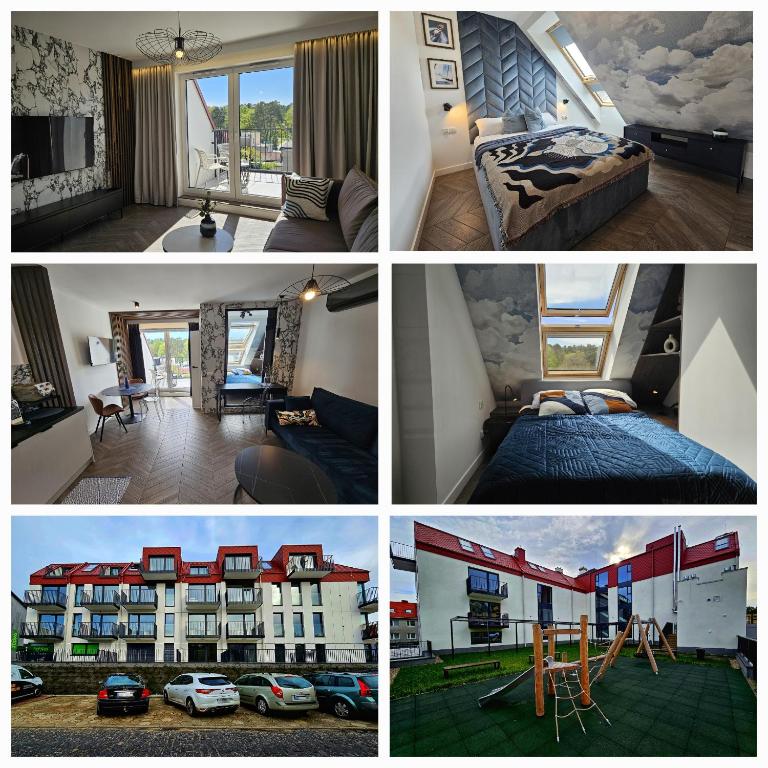 a collage of four pictures of a hotel room at Horizon Vista - New - Premium - Parking in Świnoujście