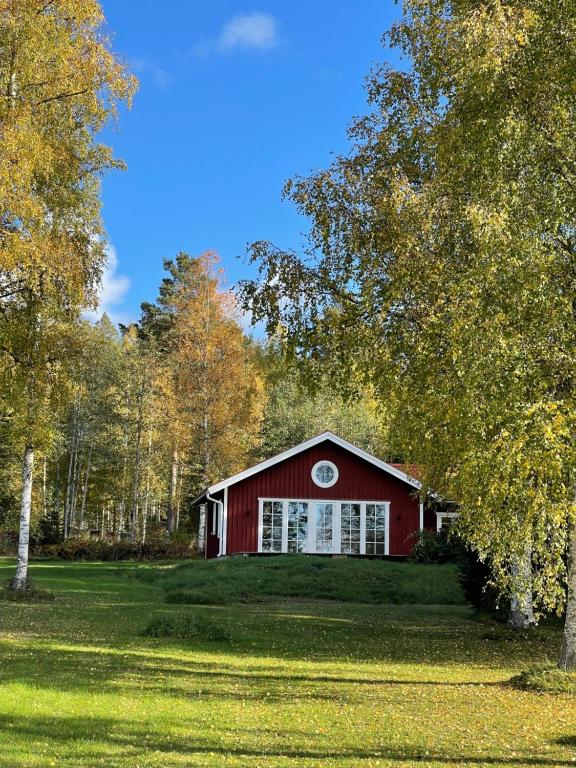 une grange rouge au milieu d'un champ dans l'établissement Stuga, à Leksand