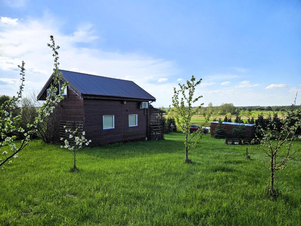 uma casa no meio de um campo com árvores em Sajzy Ostoja - domek nad jeziorem em Sajzy