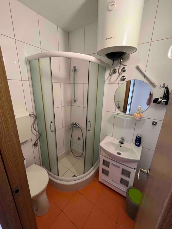 een badkamer met een douche, een toilet en een wastafel bij Apartmani Atlantic in Boreti