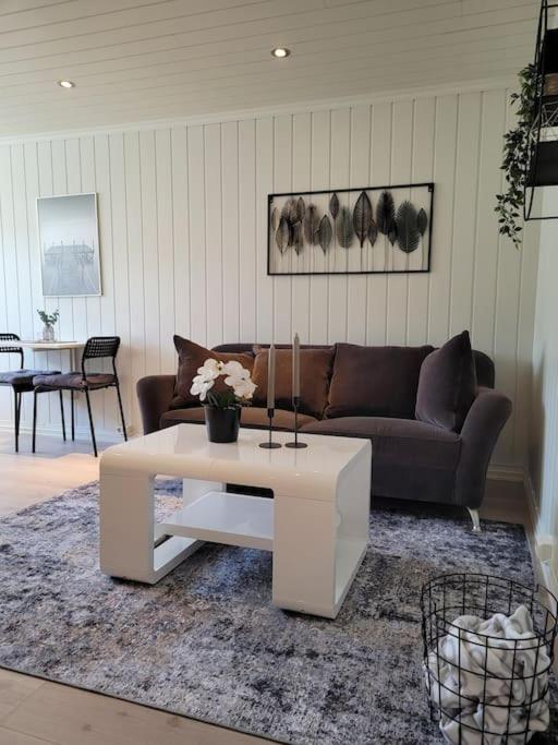 a living room with a couch and a coffee table at Riverside apartment in Skien in Skien