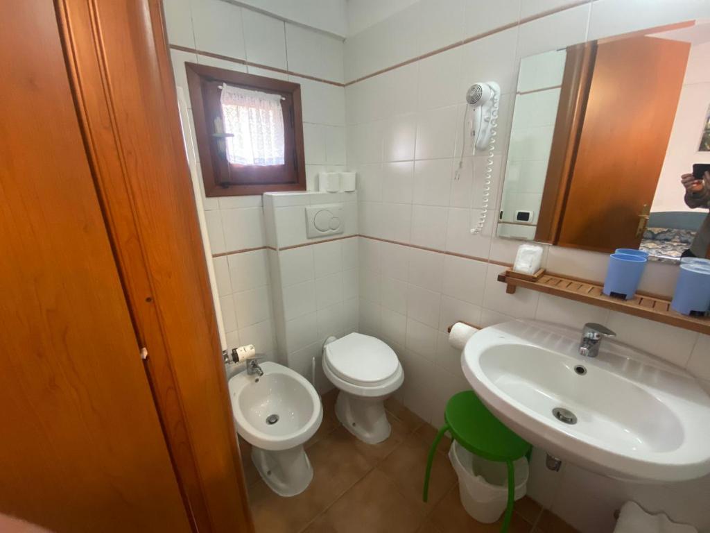 W łazience znajduje się umywalka, toaleta i lustro. w obiekcie Da Nonna Gina w mieście Pescasseroli