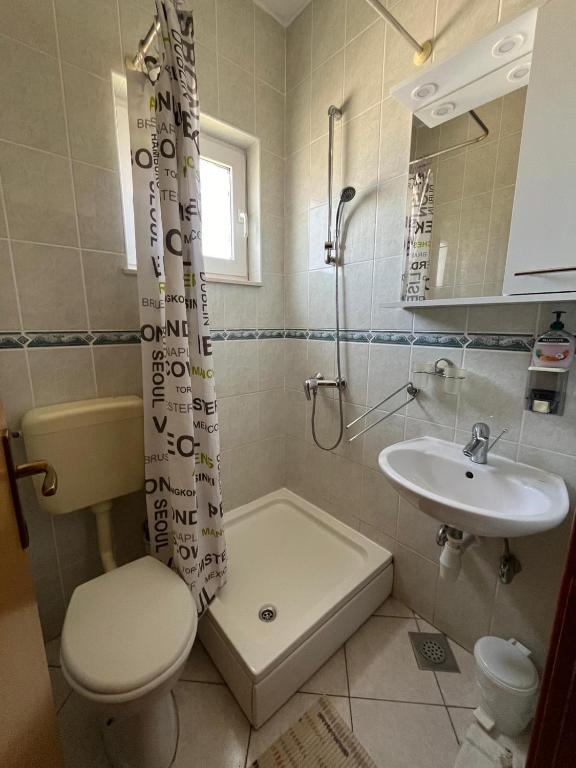 a bathroom with a toilet and a sink and a shower at Apartmani Šaldi in Pakoštane