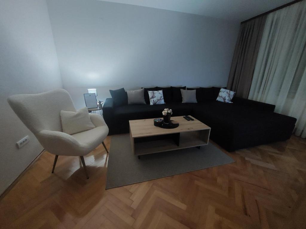ein Wohnzimmer mit einem schwarzen Sofa und einem Stuhl in der Unterkunft Balkan HOME in Kalna