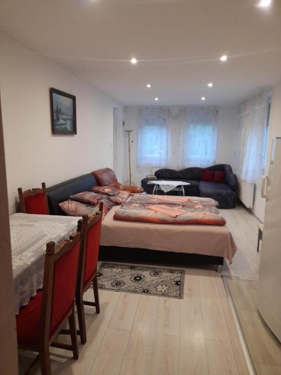 uma sala de estar com duas camas e um sofá em Gábor - lak em Miskolc