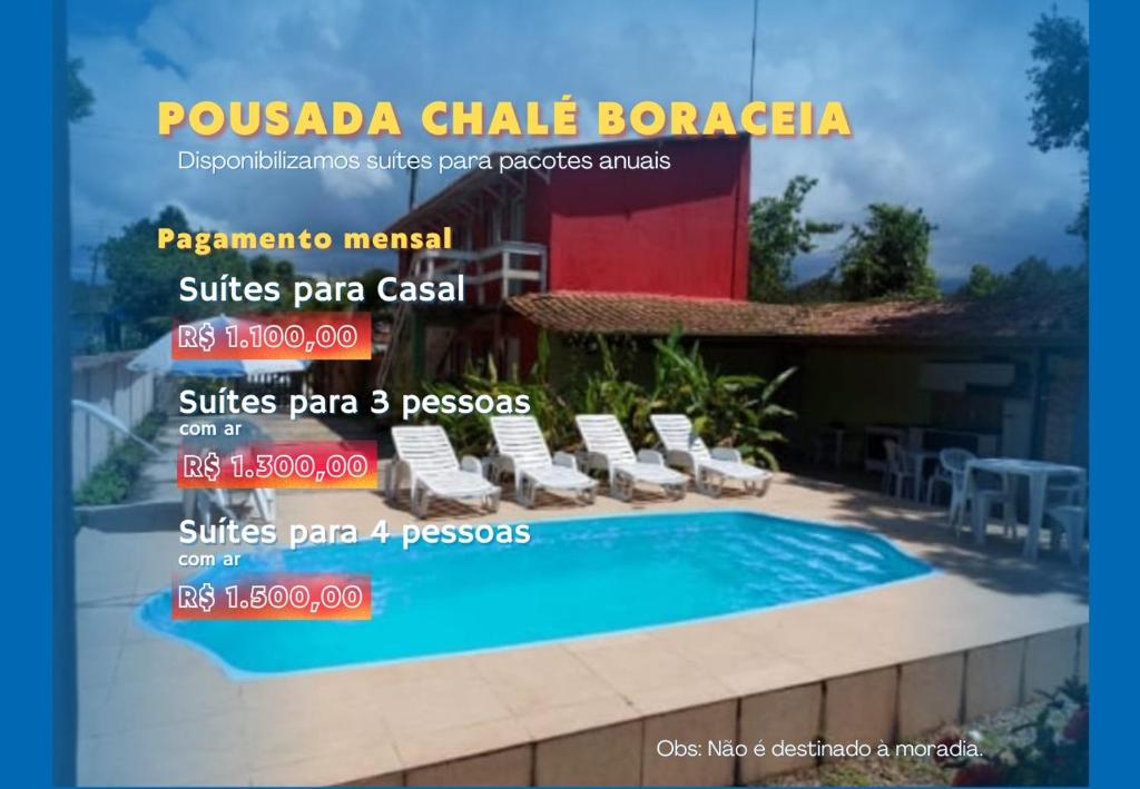 a flyer for a hotel with a swimming pool and chairs at Pousada Chalé Boracéia in Boracéia