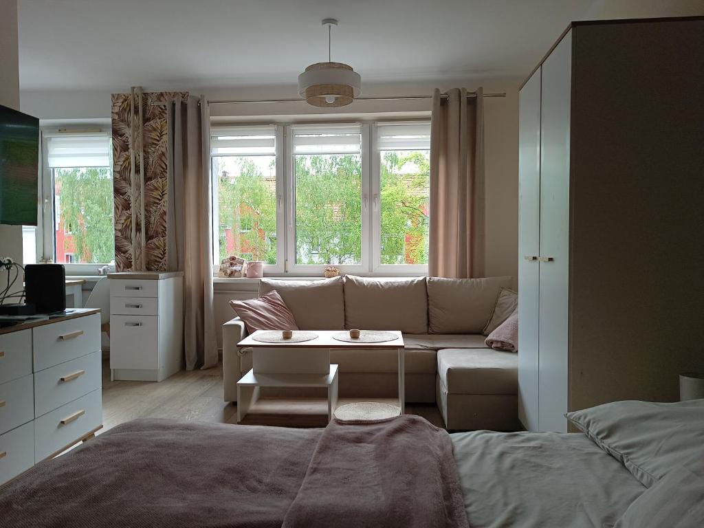 a living room with a couch and a table at Apartament w Srebrnym Mieście in Tarnowskie Góry