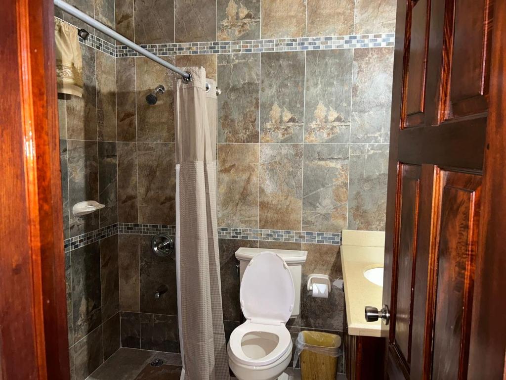 een badkamer met een toilet en een douche bij White House by White River in Ocho Rios