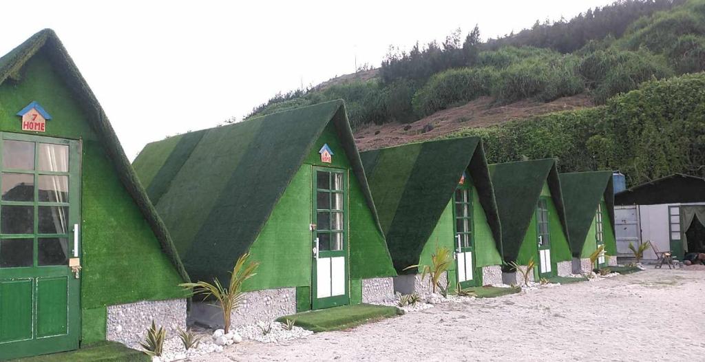 Homestay Hang Câu في An Vĩnh Phướng: صف من المباني الخضراء مع تلة في الخلفية
