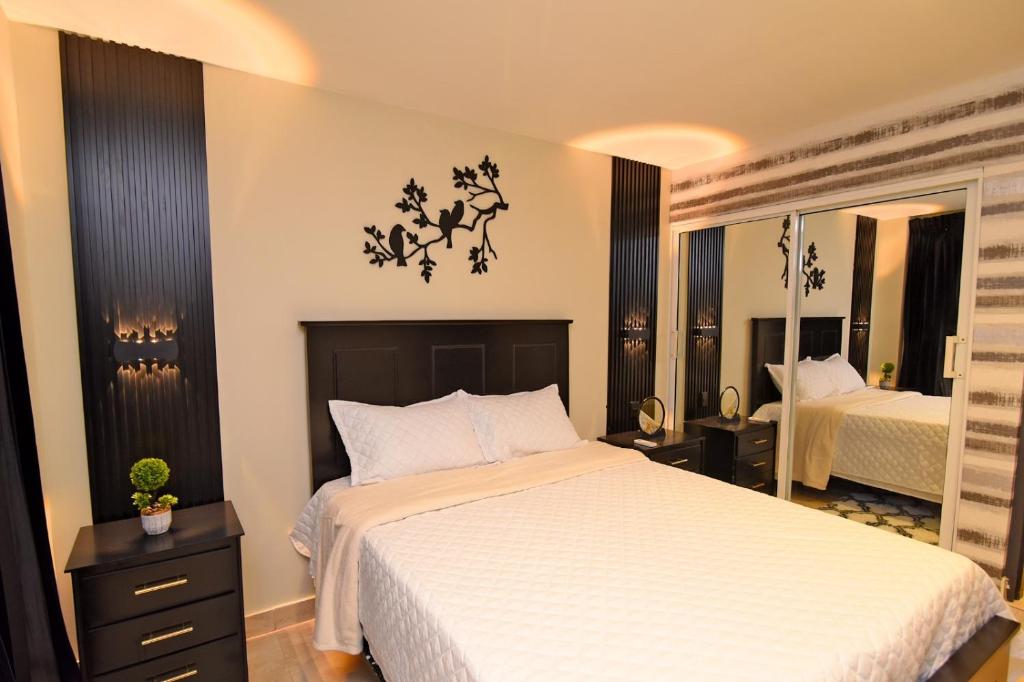 a bedroom with a large bed and a mirror at Solmi Rooms in Calero