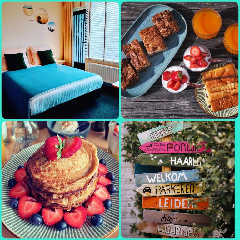 a collage of pictures with cakes and fruit on plates at B&Bslapenopeeneiland in Kaag