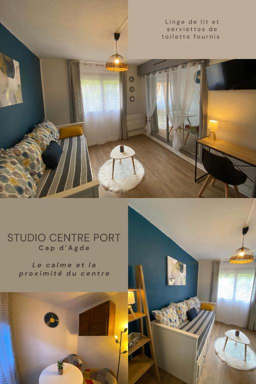 deux photos d'un salon et d'une chambre dans l'établissement Studio Cosy Centre Port residence calme avec wifi, au Cap d'Agde