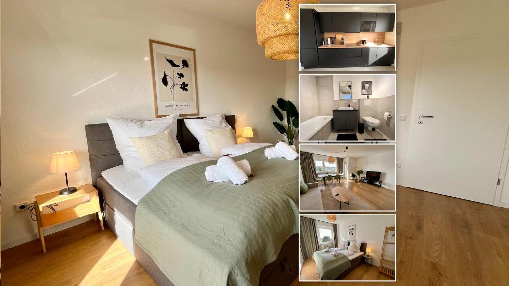 Dormitorio pequeño con cama y TV en *TOP* Moderne Wohnung - Nähe Köln: Dom, Messe, Flughafen, Lanxess-Arena en Bergisch Gladbach