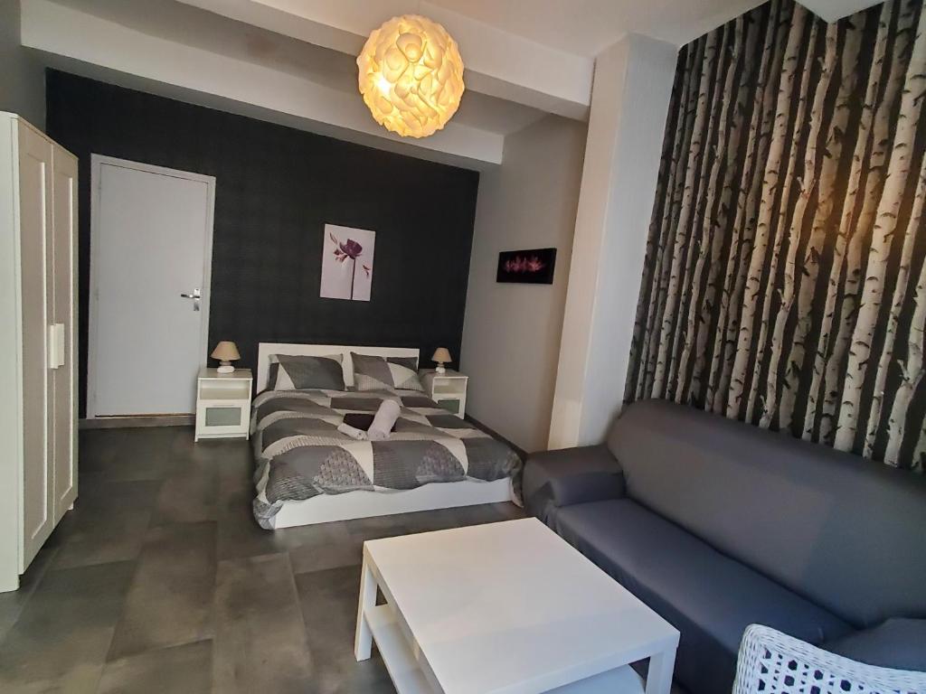 een slaapkamer met een bed en een bank bij REPUBLIQUE CENTRE Nouvelle Gestion et Ménage 2024 in Carcassonne