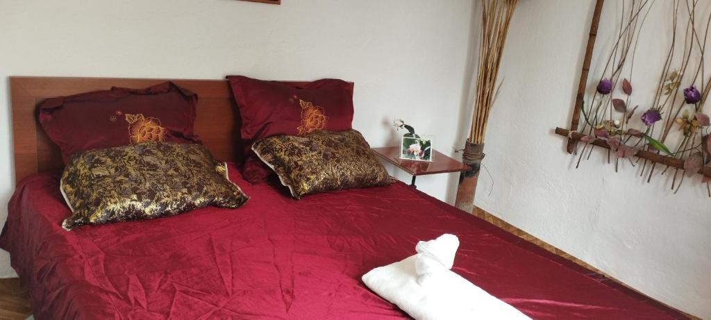 een rood bed met twee kussens erop bij Guest house on Akmatbai-Ata 29 in Cholpon-Ata