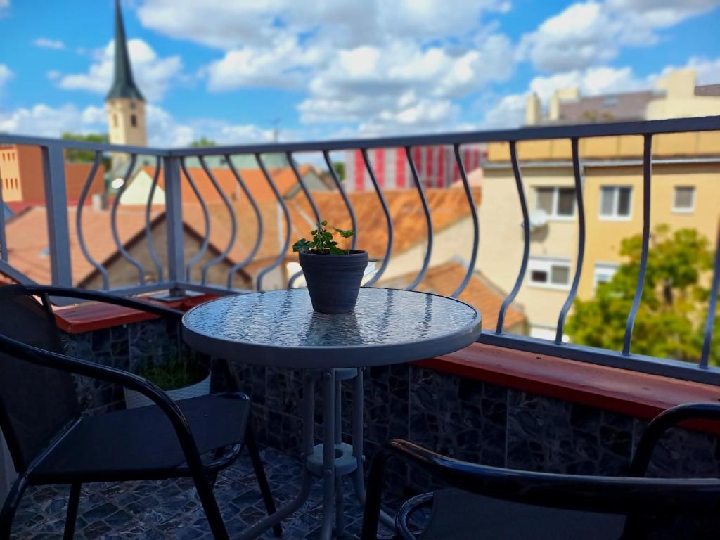 a table on a balcony with a potted plant at Apartmán Marty in Nové Zámky