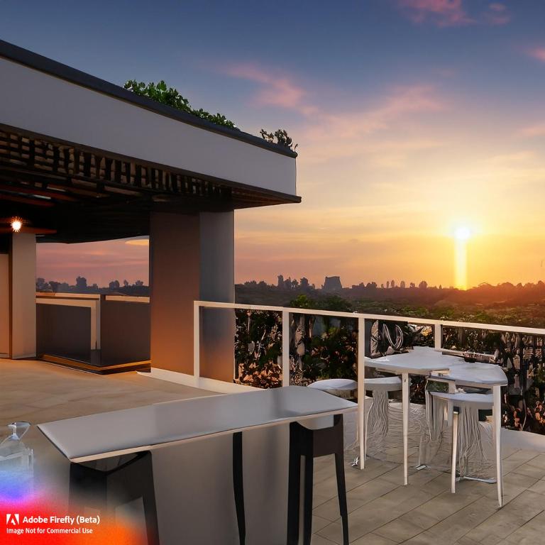 a patio with tables and chairs on a balcony with a sunset at kalyn property in Jaipur
