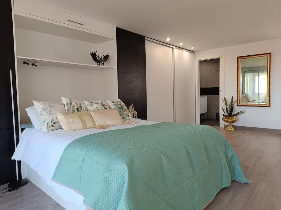 1 dormitorio con 1 cama grande con manta verde en Spacious Studio by the University, en San Vicente del Raspeig